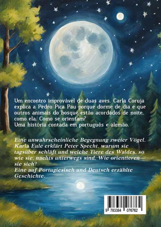 Rückseite des Buches "Dorme bem, Carla Coruja". Parte traseira do livro "Dorme bem, Carla coruja.