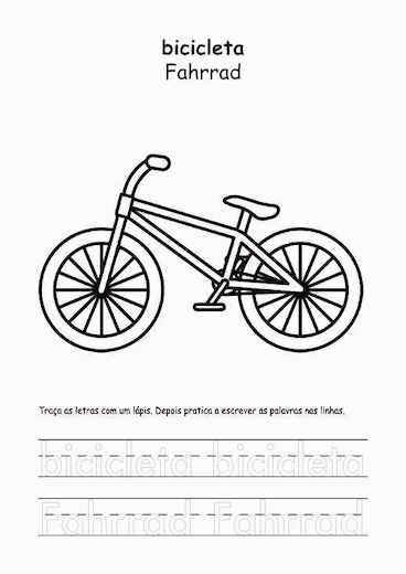 Pagina da bicicleta do caderno "Vou aprender palavras". Seite mit dem Fahrrad aus dem Heft "Ich lerne Wörter".