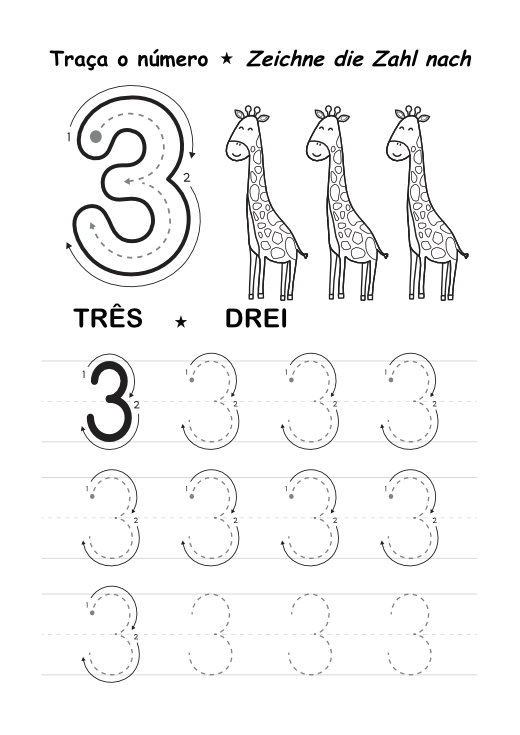 página do caderno aprender os números. Folha com o número 3. Seite aus dem Heft Zahlen lernen. Blatt mit der Nummer 3.